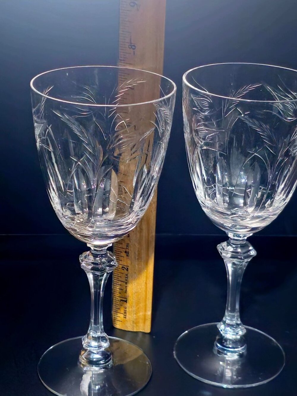 2 Tiffin Franciscan Moss Ross Water Goblets Etched Crystal Wine Glasses rare 60s - Picture 5 of 7
